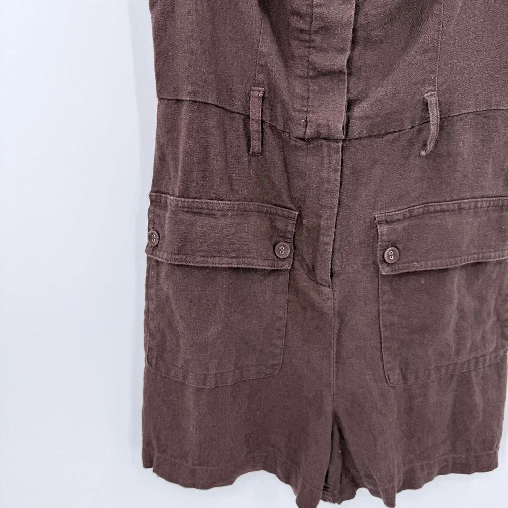 House‎ of Harlow 1960 Brown Linen Blend Utility Short Romper Button Front Sz 4